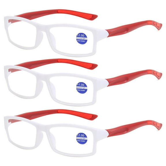 3 Pack Mens Rimmed Sport Reading Glasses  1.0, Womens Blue Light Blocking Plastic White Frame Red Temple Readers 1.0