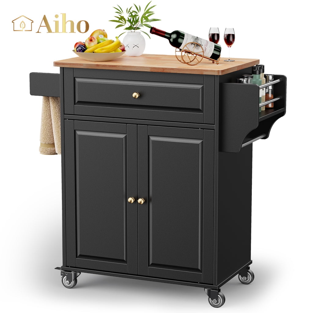 Aiho Kitchen Island Cart on Wheels with Towel Bar and Hooks, Rolling Mobile Serving Utility Cart with Drawer and Adjustable Shelves, Black