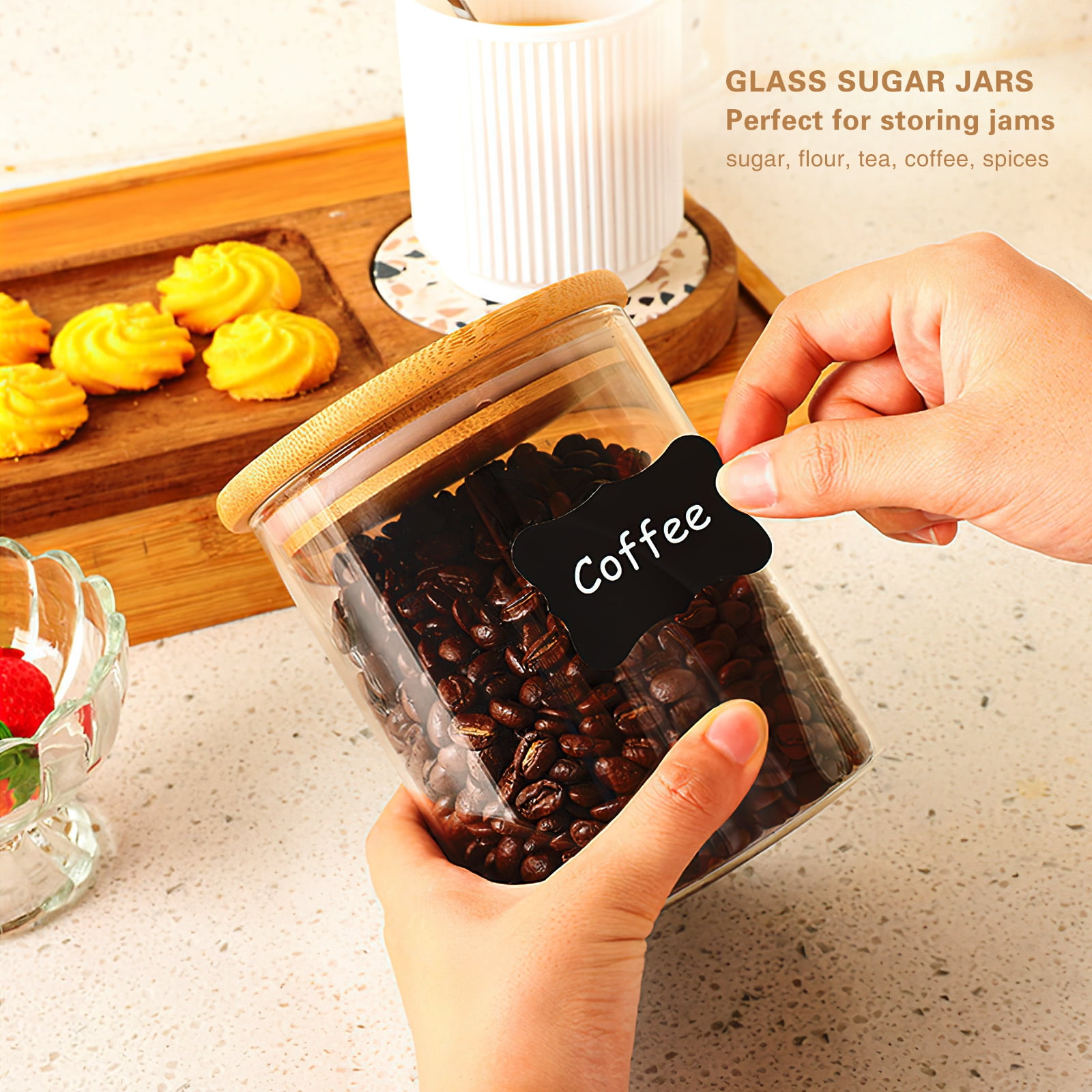 FORHVIPS 6-Pack Glass Containers with Bamboo Lids,18.5Oz/540ML Glass Jars,Glass Food Storage Jars Containers,Kitchen Canisters for Candy,Cookie,Coffee,Sugar,Tea,Nuts