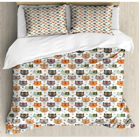 Cats Duvet Cover Set Queen Size, Pattern with Playful Kitty Faces Wearing Eyeglasses among Pawprints for Pet Lovers, Decorative 3 Piece Bedding Set with 2 Pillow Shams, Multicolor, by Ambesonne