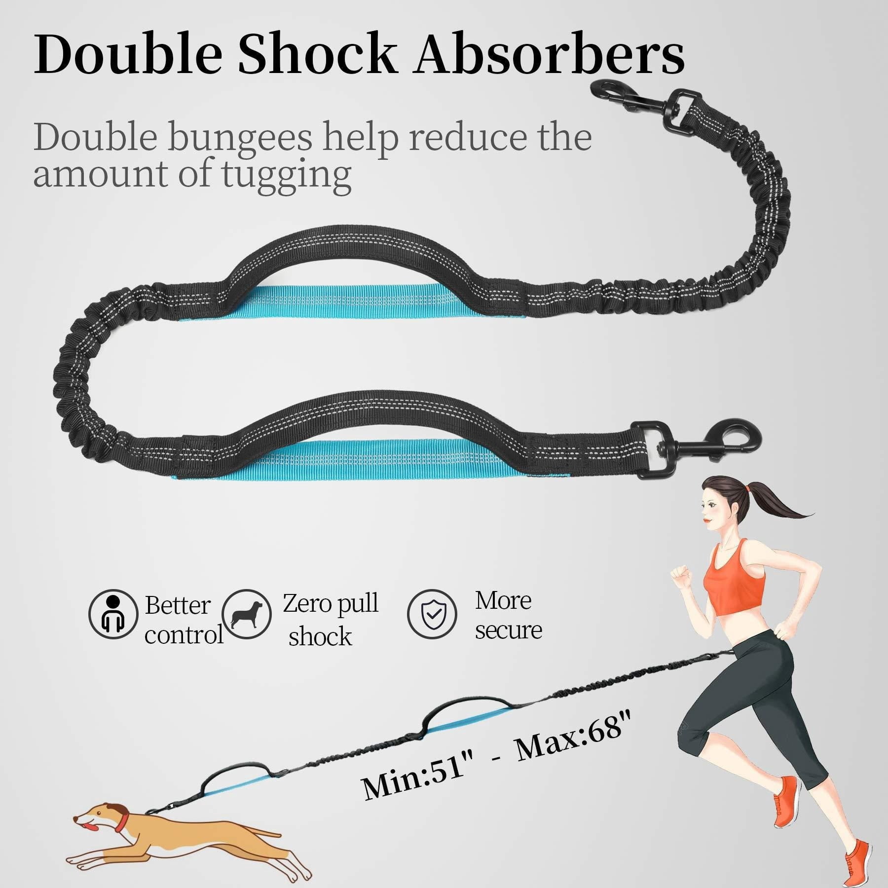 Hands Free Dog Leash with Zipper Pouch, Dual Padded Handles and Durable Bungee for Walking, Jogging and Running Your Dog