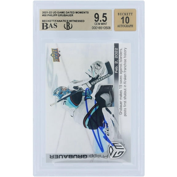 Philipp Grubauer Seattle Kraken Autographed 2021-22 Upper Deck Game Dated Moments #50 #/499 Beckett Fanatics Witnessed Authenticated 9.5/10 Card - Fanatics Authentic Certified