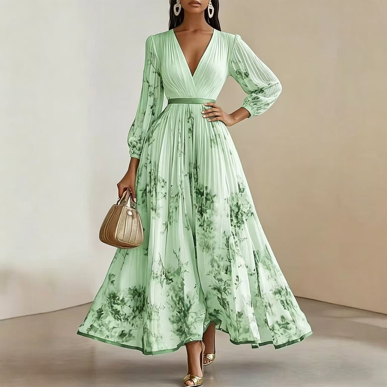 vintage printed v-neck long-sleeve elegant dress V Neck Long Sleeve Floral Dress