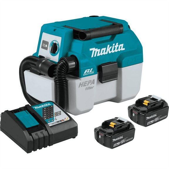 Makita 18V LXT 5.0 Ah Brushless Cordless 2 Gallon HEPA Filter Portable Wet/Dry Dust Extractor/Vacuum Kit