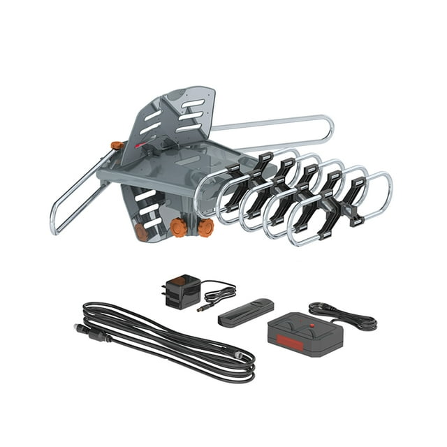 TA-102G Antenne HDTV Amplifiée pour l'Extérieur Portée de 150 Miles Antenne HDTV Amplifiée à 360° Rotation UHD/VHF Antenne Double Bande UHD/VHF 28-36 dB