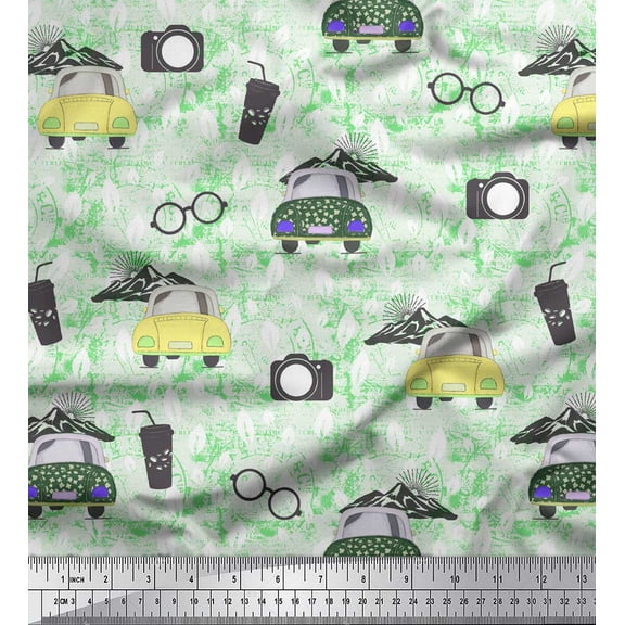 Soimoi Japan Crepe Satin Fabric Specs,Camera & Car Transport Print Sewing Fabric Yard 42 Inch Wide