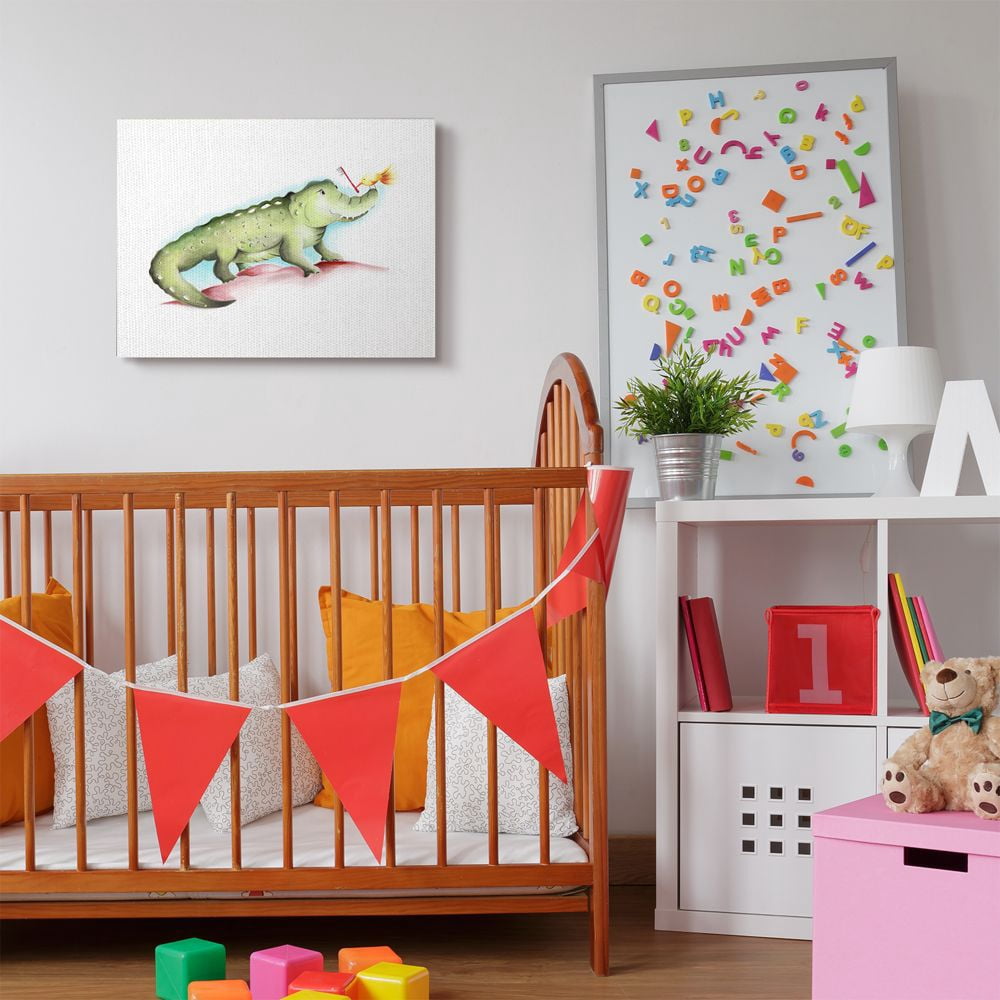 The Kids Room by Stupell Cute Cartoon Baby Crocodile And Bird With Toothbrush Zoo Animal Painting Canvas Wall Art by Studio Q by Studio Q