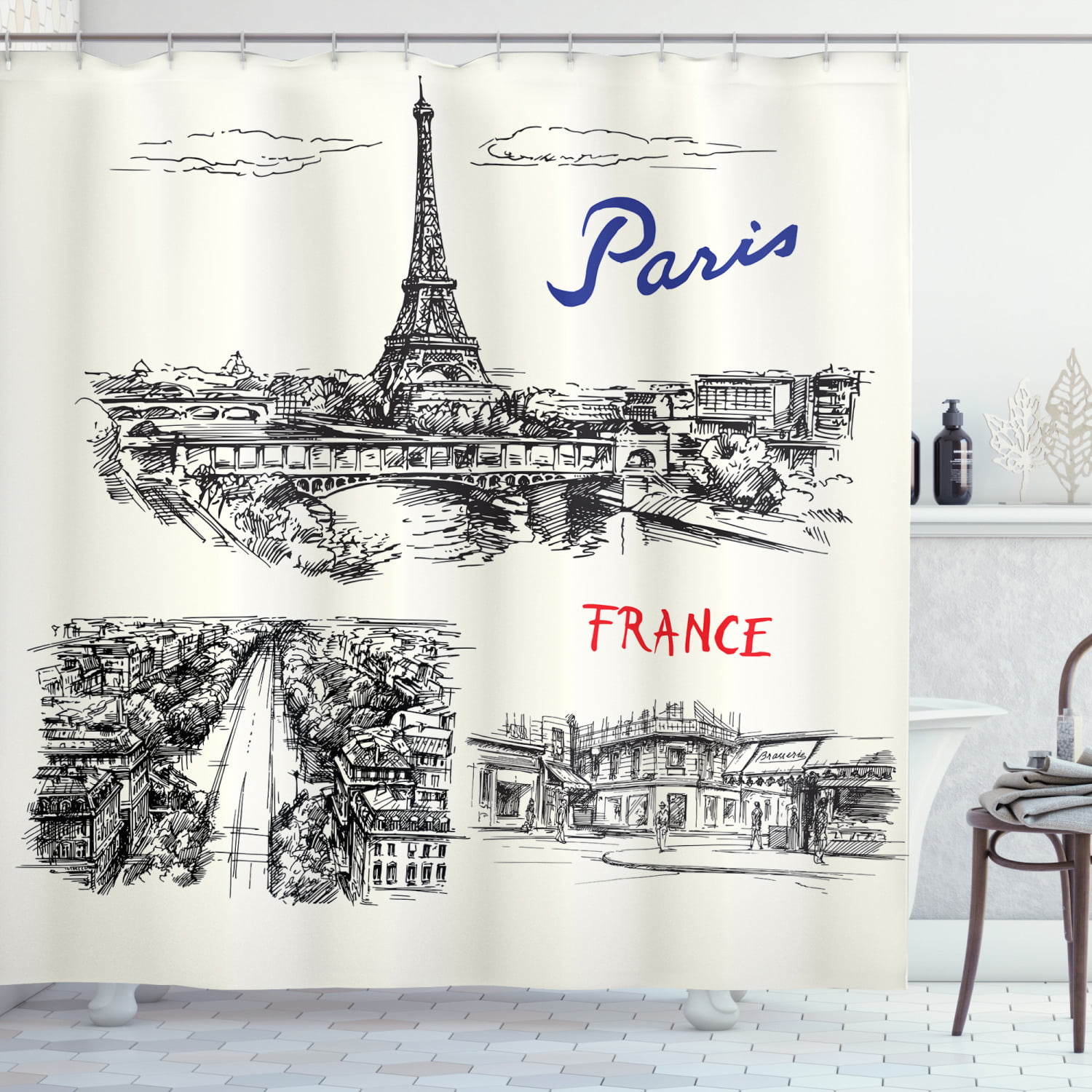 Couple Next To Eiffel Tower Bathroom Fabric Shower Curtain 71X71 Inches 12 Hooks 