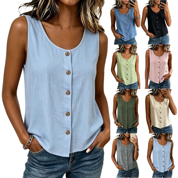 Wiyuqeen Women's Summer Tank Tops Sleeveless Button Down Shirts Scoop Neck Basic Solid Tees Casual Going Out Vests Beige XL