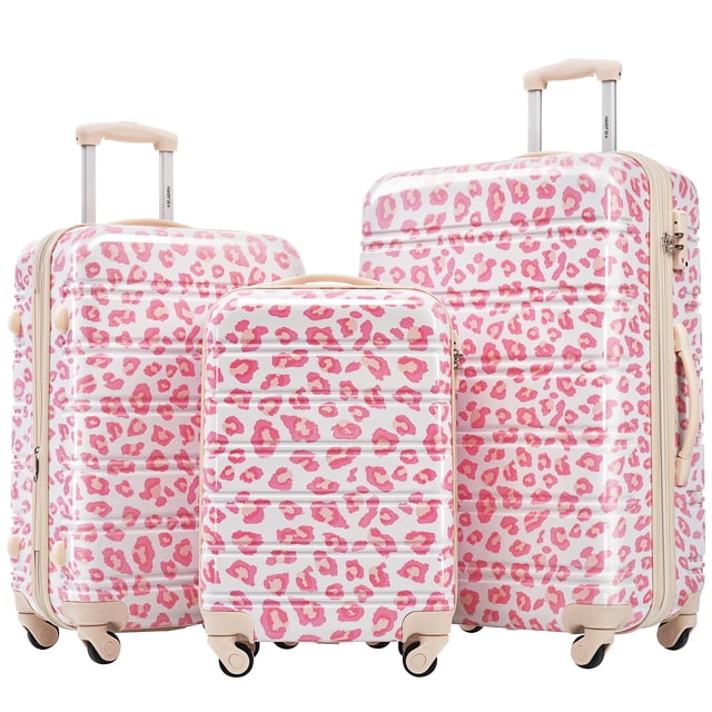 Set de equipaje Merax de 3 piezas con lado rígido expandible, diseño de leopardo, color rosa