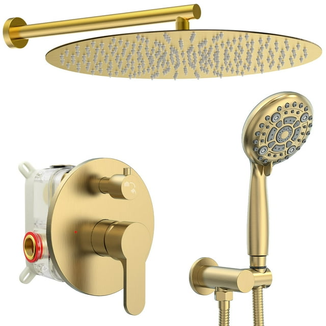 SR SUN RISE Système de Douche Intégral - Robinet de Douche Pluie 16 Pouces avec 6 Réglages Pommeau de Douche à Main - Valve Incluse - Or Brossé