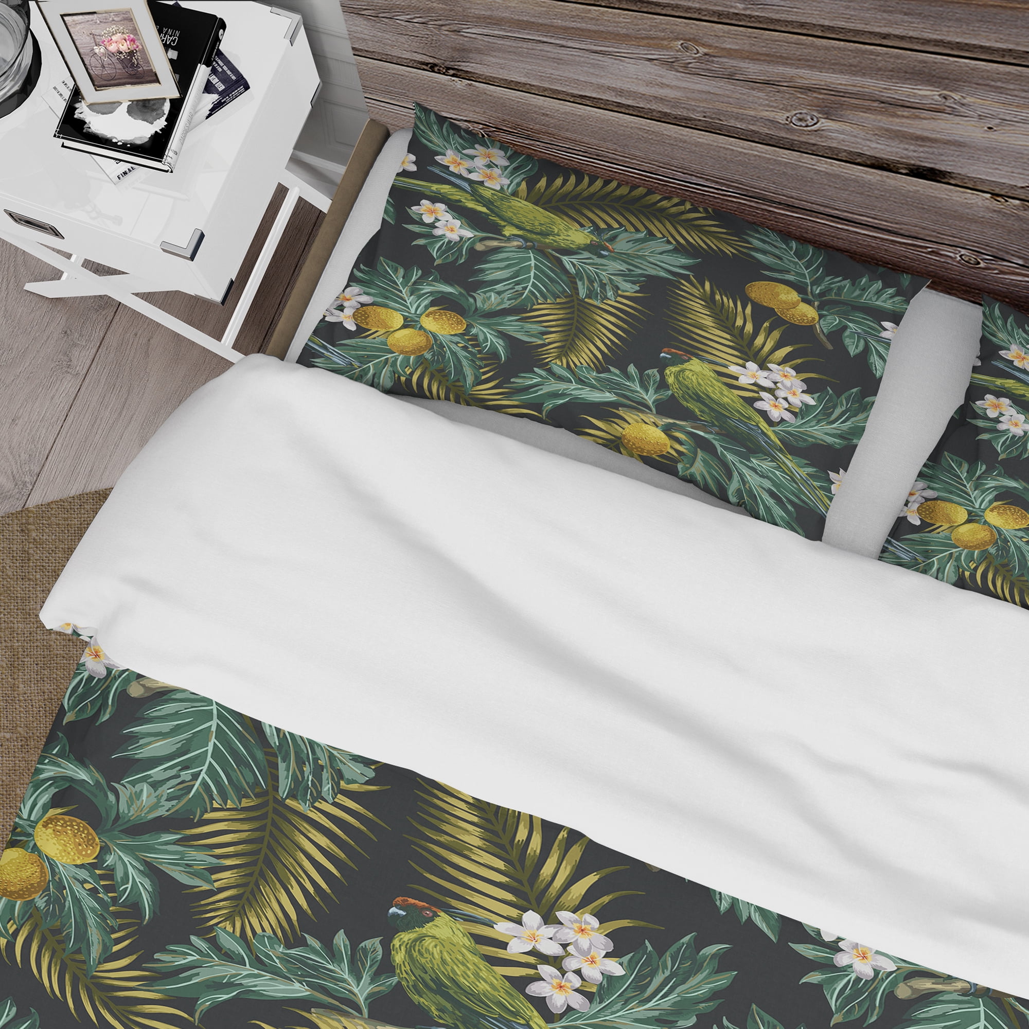 Designart 'Tropical Leaves with Lemons and Green Bird' Animals Duvet Cover Set