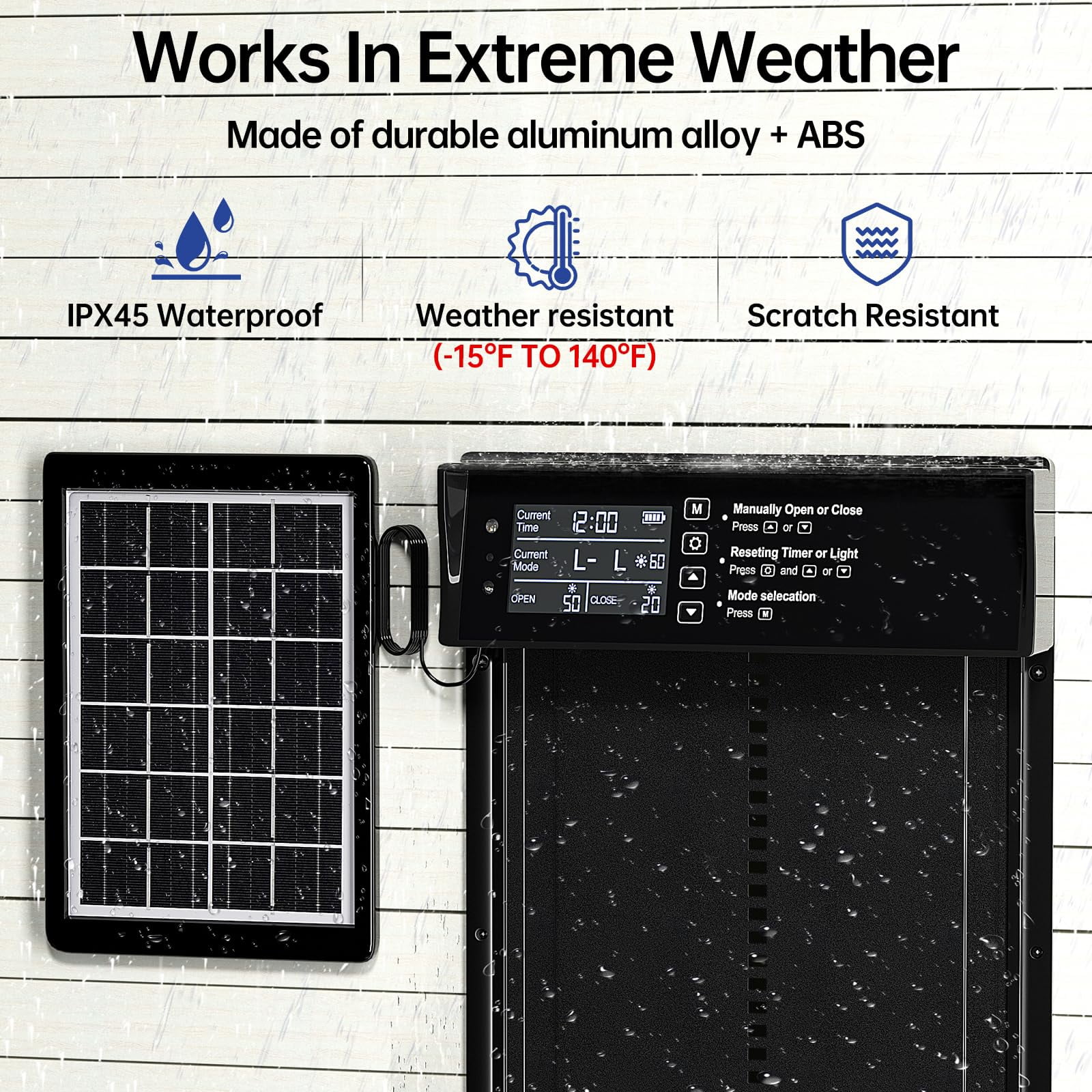 Automatic Chicken Coop Door Solar Powered Auto Chicken Door with Timer & Light Sensor, Anti-Pinch & Alert, LCD Screen, Remote Control Aluminum Waterproof,Black