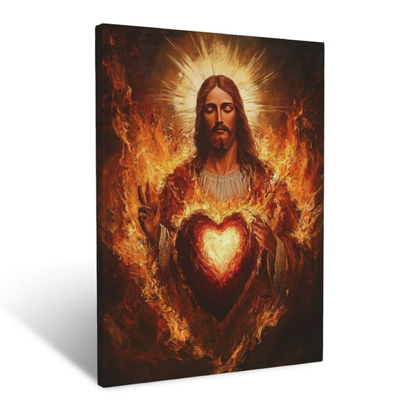 CozyNet The Sacred Heart Of Jesus Glowing Brightly Surrounded By Flames Of Love Wall Art Prints With Frame Canvas Perfect for Living Room & Bedroom, Ready to Hang, Wall Decor 12"x16"