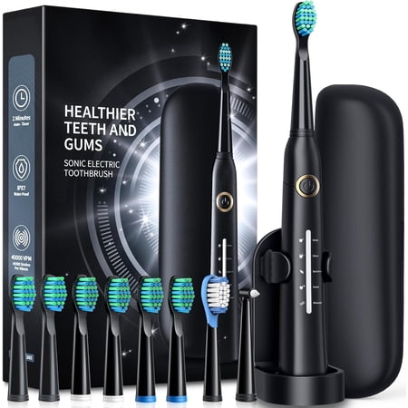 Teetheory Electric Toothbrush for Adults, Power Electric Toothbrush with 8 Brush Heads, Travel Case, 40000 VPM Deep Clean 5 Modes, Rechargeable Toothbrushes Fast Charge 4 Hours Last 30 Days, Black