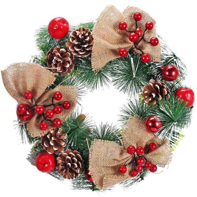 Puerta de corona navideña con piñas y bayas Corona navideña para decoración interior y exterior Chimenea de puerta de árbol de Navidad-32 cm ER