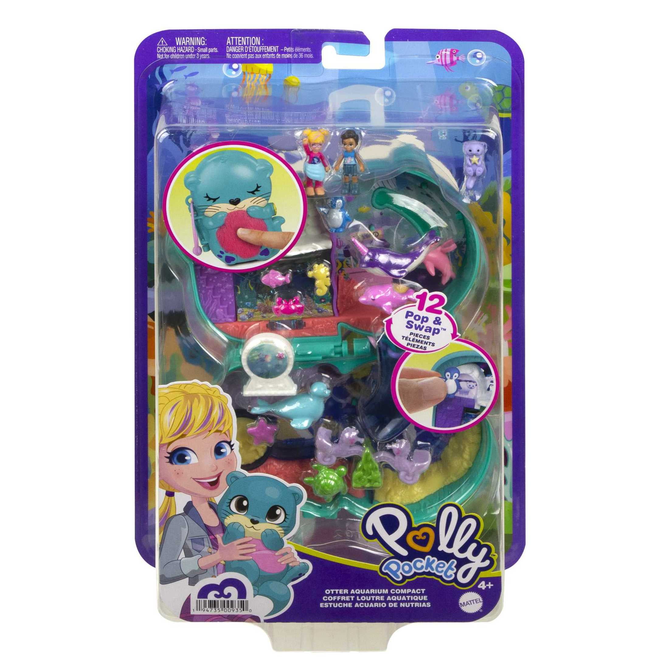 Polly Pocket Otter Aquarium Compact Playset with 2 Micro Dolls & Accessories, Travel Toys