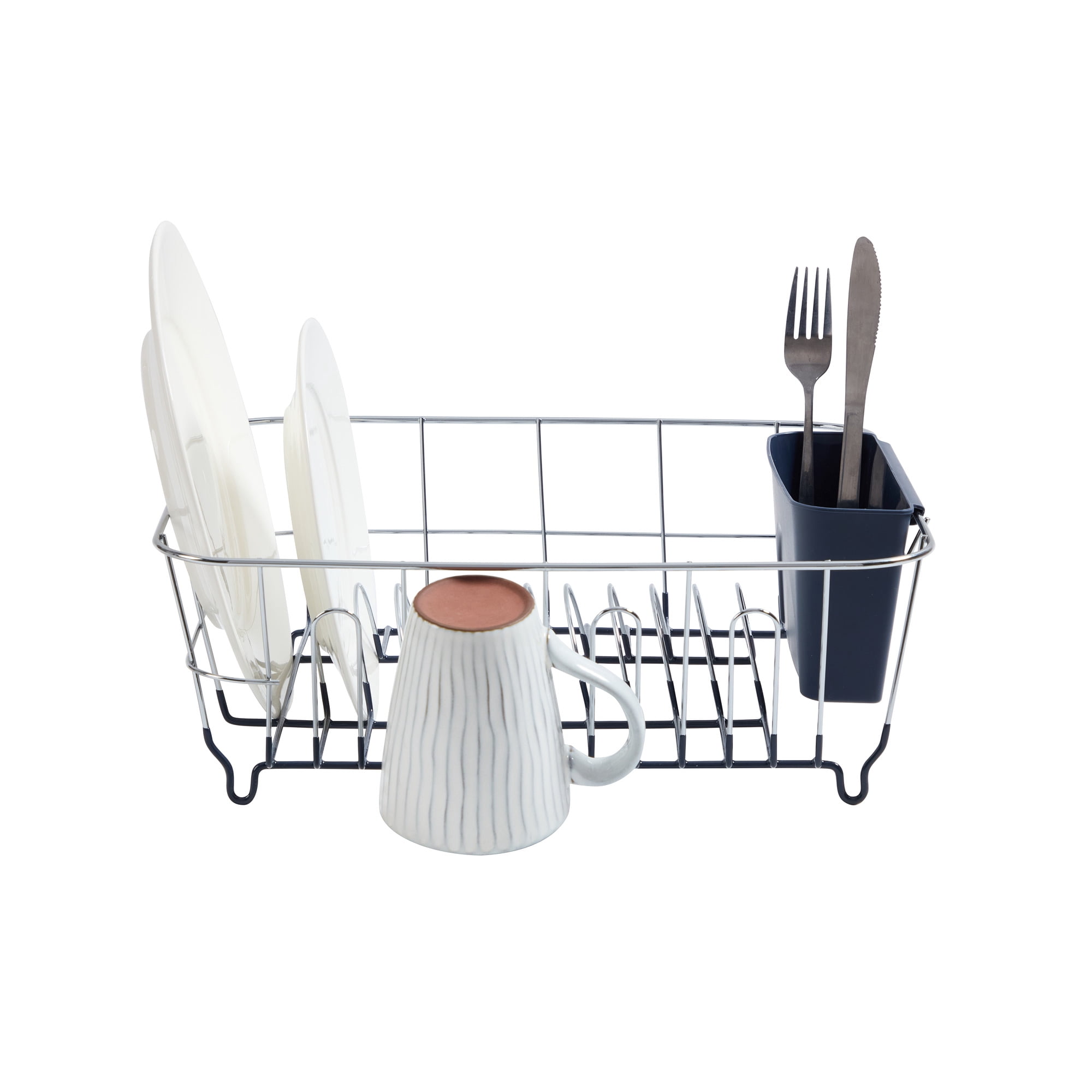 2 Piece Chrome Plated Steel Small Compact Dish Drainer, Navy Blue