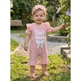 thumbnail image 5 of BemeyourBBs She‘s Here Baby Girls Spring Summer Fall Clothes Newborn Baby Girl Hospital Going Home Outfit Waffled Romper Bow Letter Print Ruffle Short Sleeve One Piece Jumpsuit with Headband, 5 of 9