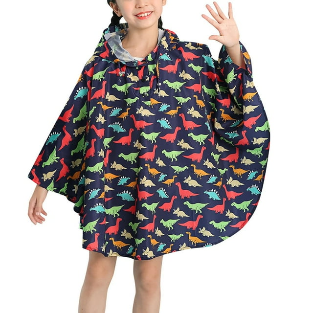 Children‘s Boys Girls Dinosaur Rainbow Printed Button Rain Jacket Hooded Windproof Raincoat