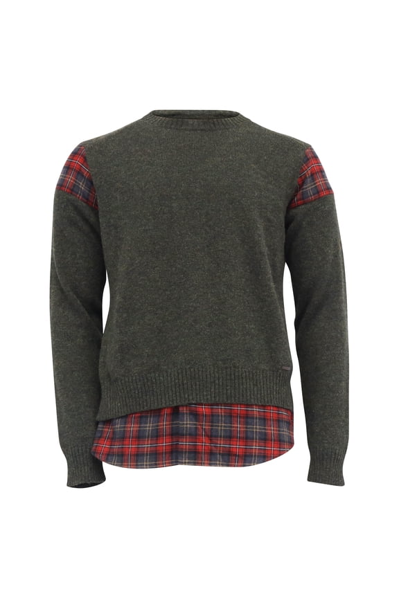 Knit Sweater with Plaid Insert in Green Wool