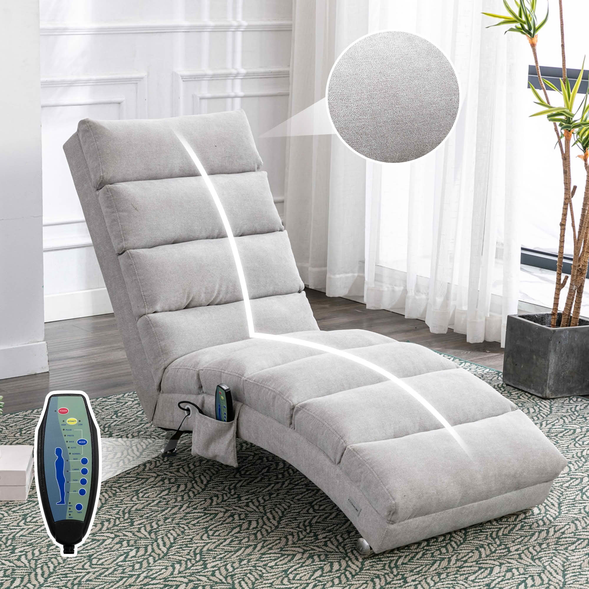 MAYEERTY Vibrating Upholstered Chaise Lounge Chair, Ergonomic Fixed Back Fabric Recliner Sofa with Side Pocket Remote Control for Living Room Bedroom