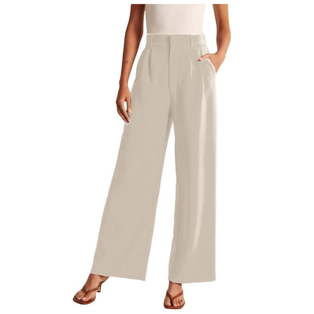 Women's Wide Leg High Waisted Dress Pants - Work/Business Casual, Flowy Trousers, Polyester/Spandex, Button Closure, Multiple Sizes