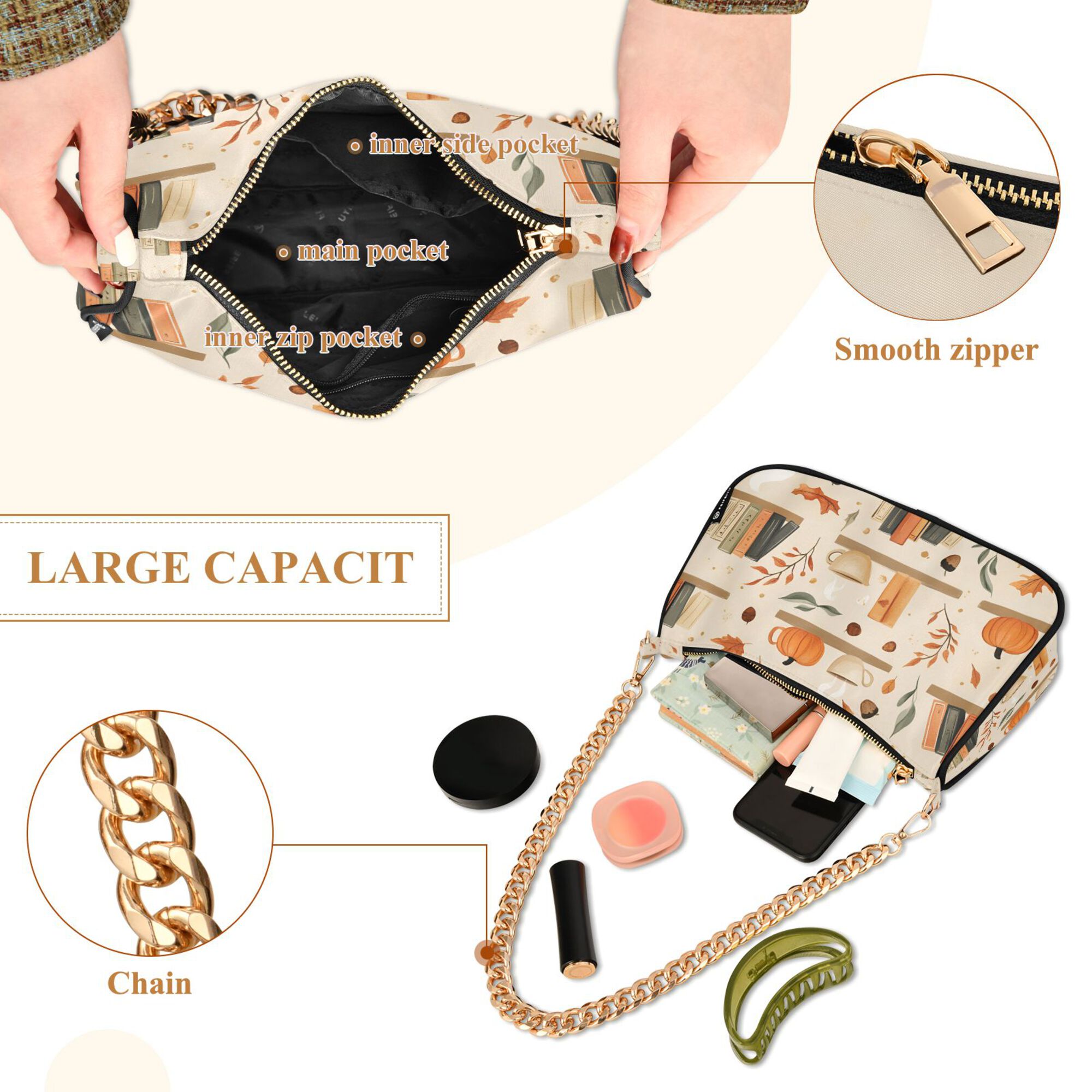 FORMRS Womens Shoulder Bag with Chain Strap Clutch Purse Cute Tote Handbag, Fall Book Shelf