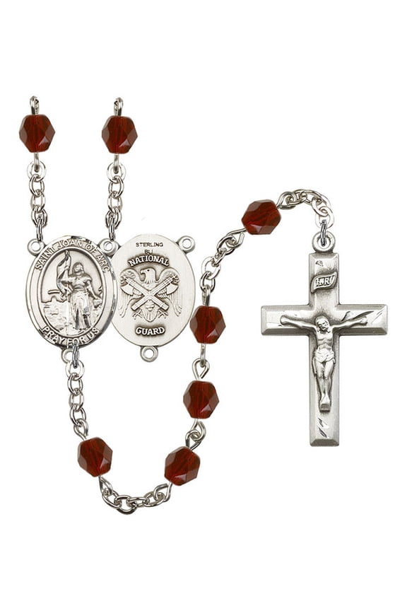 St. Joan of Arc / Nat'l Guard Silver-Plated Rosary 6mm January Red Fire Polished Beads Crucifix Size 1 3/8 x 3/4 medal charm
