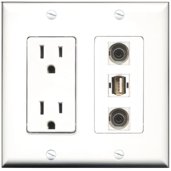 RiteAV - 15 Amp Power Outlet 1 Port USB A-A 2 Port 3.5mm Decorative Wall Plate
