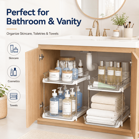 2 Sets of 2-Tier Under-Sink Organizers, Stackable Bathroom Cabinet Organizers with Adjustable Dividers, Sink Storage Organizers for Kitchen Pantries, Vanities, and Countertops