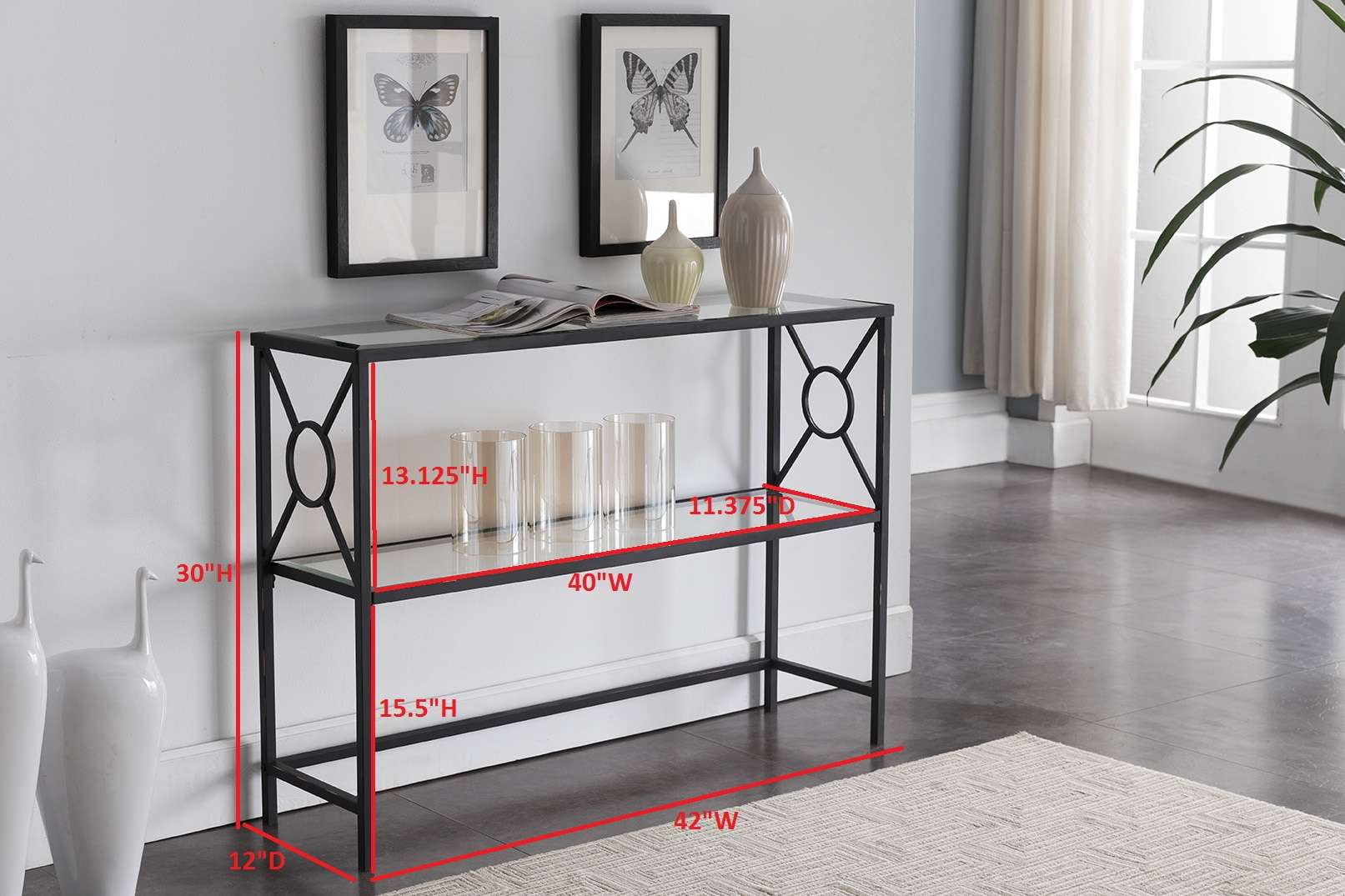 Kings Brand Furniture Black Metal Entryway Console Table with Glass Top & Shelf