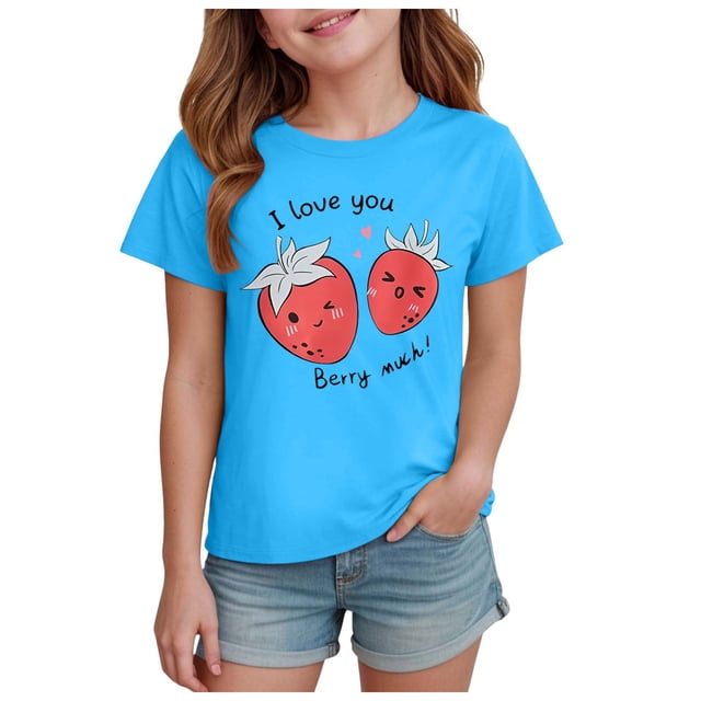 Akiihool T-Shirts pour Fille Col Montant Ensemble de T-Shirts pour Fille T-Shirts à Motif Lettrage Manches Courtes Col Rond T-Shirt d'Été (Bleu Ciel, 5-6 Ans)