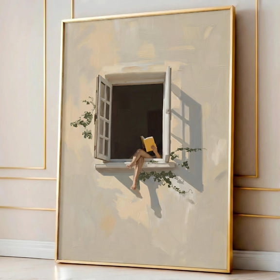 Affixzi Calm Summer Window Reading Girl Print, Minimalist Sunlit Wall Art, Book Lover Decor, Soft Dopamine Aesthetic Home Poster, Unframed Paper Poster 8x12in