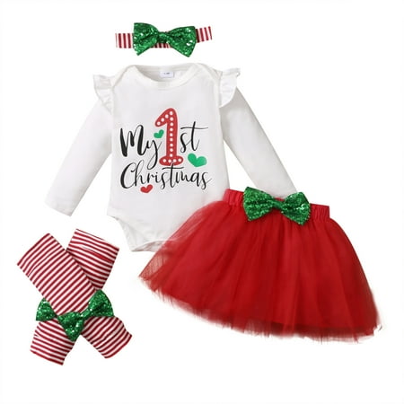 

NZRVAWS Baby Girls Outfits Christmas Outfits 6 Months Baby Girls Letter Print 9 Months Baby Girls Romper Top Gauze Skirts Headband Socks 4Pcs Clothes Set White