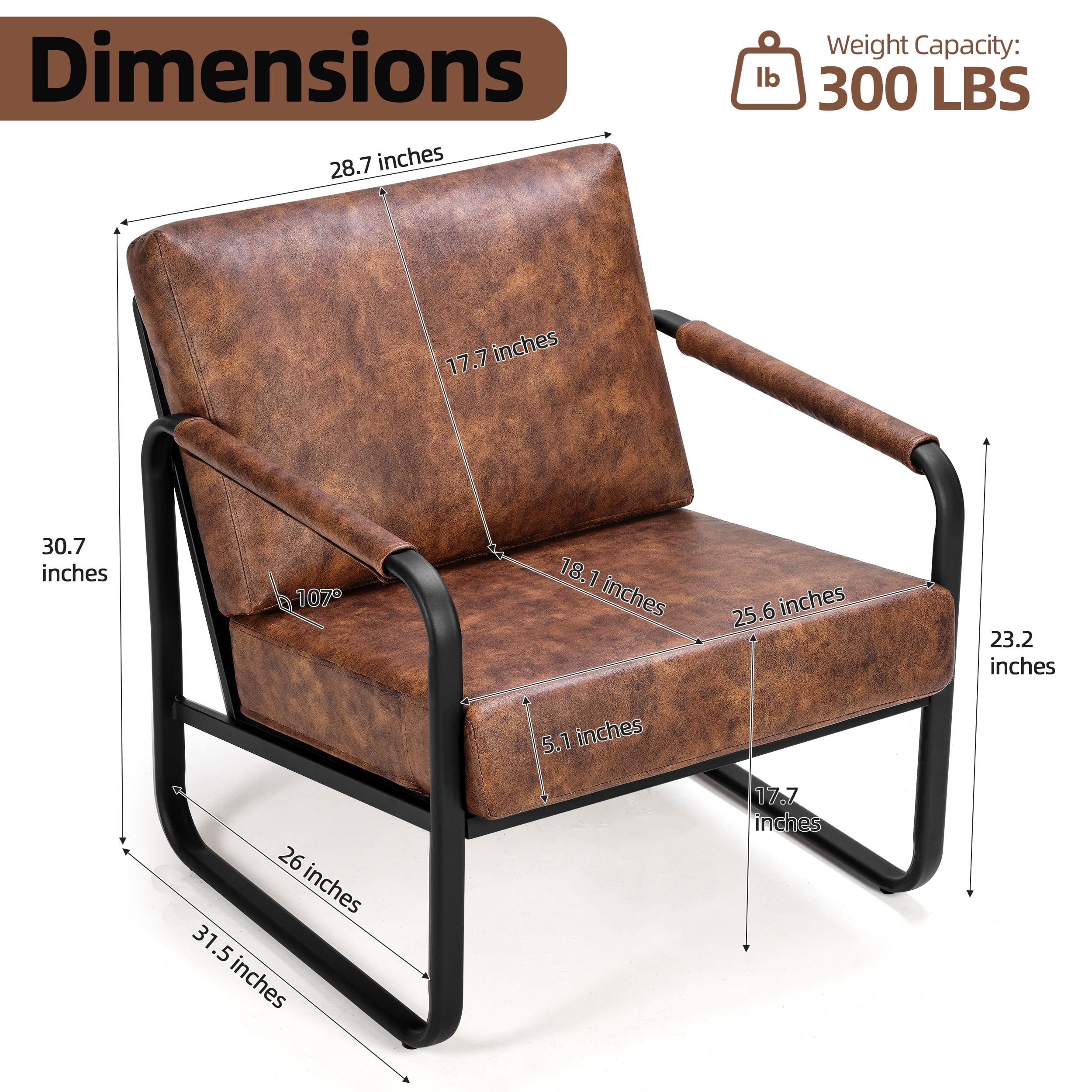 Mid-Century Accent Chair Set of 2 PU Leather Armchair, Retro Accent Chair with Metal Frame Sofa Chair Lounge for Living Room, Brown