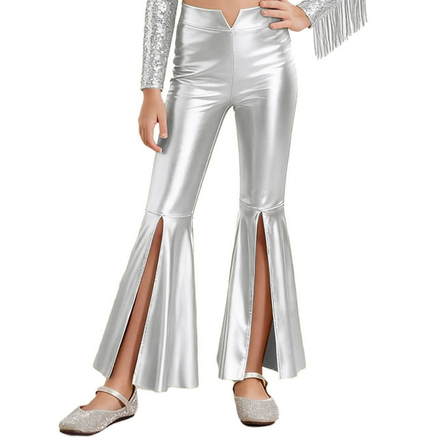 RUNQHUI Kids Girls Split Bell-Bottom Metallic Pants for Party Pageant Dance Sparkle Bell Bottoms Silver 12