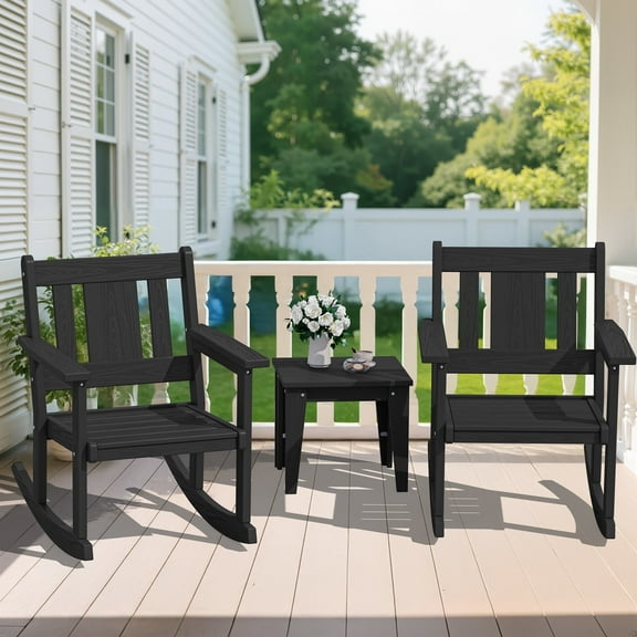 SERWALL Outdoor Rocking Bistro Set, 3 Pieces Patio Furniture Set, Rocking Chairs with Coffee Table Set for Porch, Garden, Backyard, Black