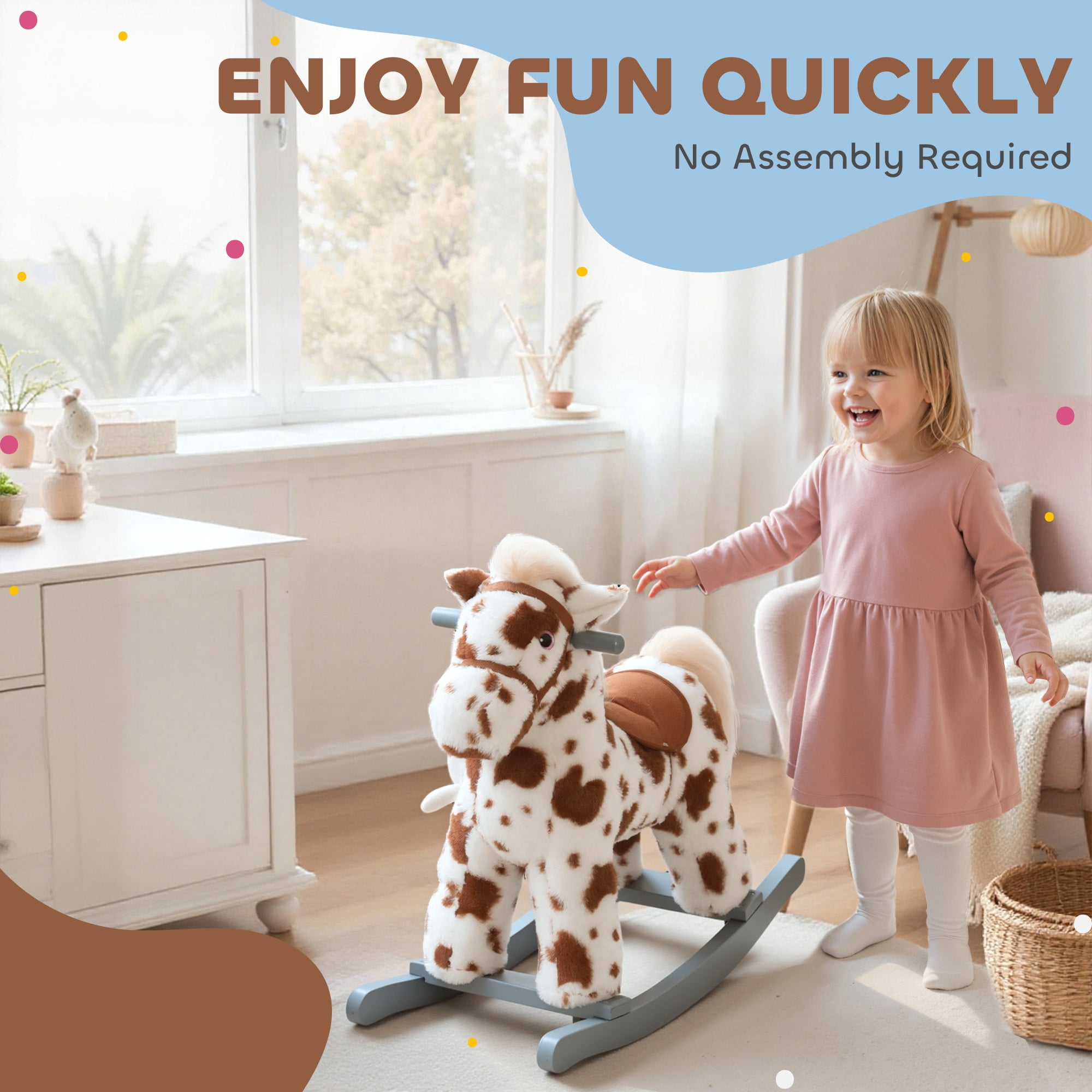 Qaba Kids Rocking Horse, Animal Rocker with Rabbit Toy and Realistic Neigh for Toddlers, Soft Filling Ride on Pony, Brown