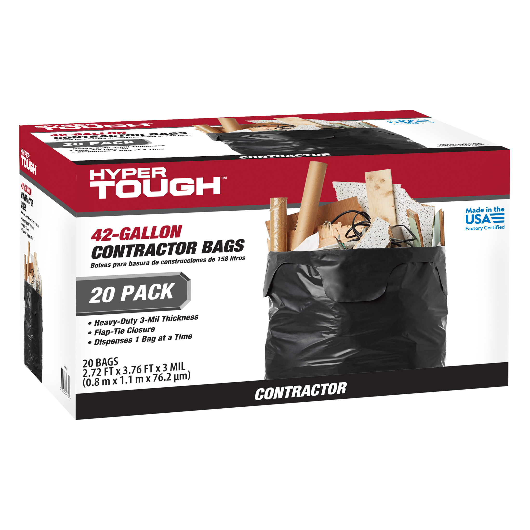 Hyper Tough 42 Gallon Flap Tie Contractor Bags, 20 Count