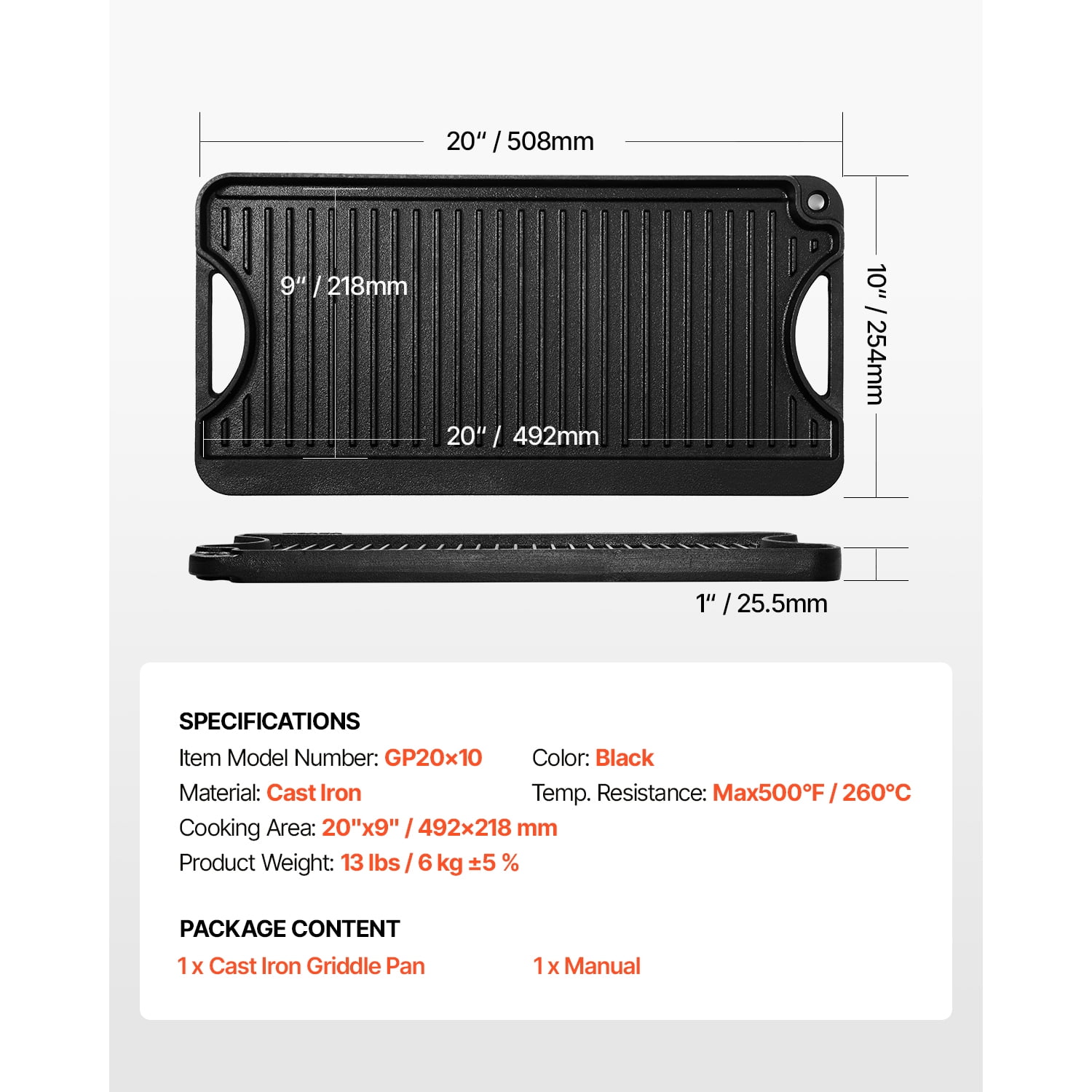 KFFKFF Switchable Grill/Griddle, Cast Iron Material, 20x10 inch, Pre-Treated, Compact Rectangular Design with Handle, Suitable for Indoor/Outdoor Cooking, Stove Top Burner, Gas, Camping BBQ, Black