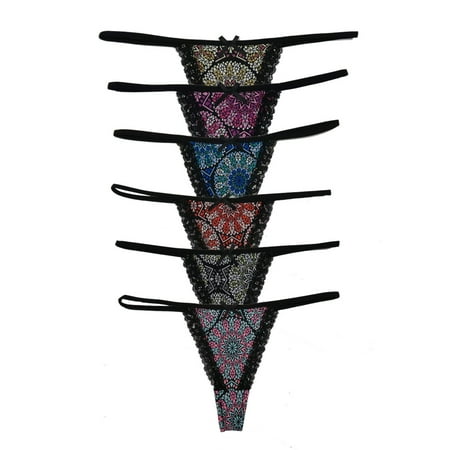 Jezebel Nylon Thongs - Women's Diamond Flower Print String Thongs (6 Pack) S