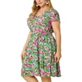 thumbnail image 2 of Women's Plus Size Dress V Neck Belted Summer Floral Dresses Olive Green 2X, 2 of 7