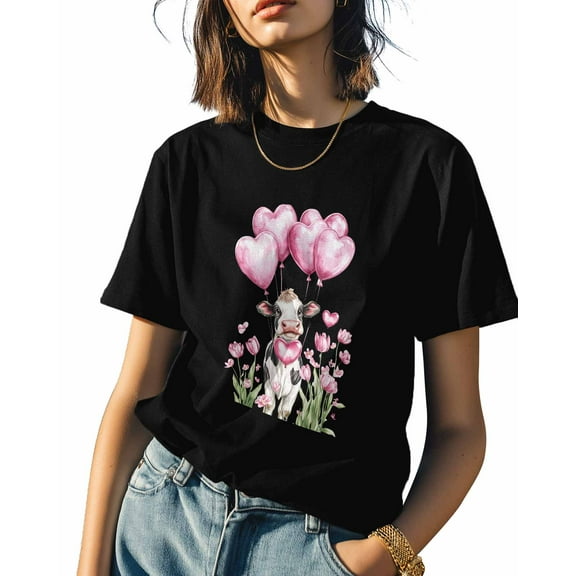 Women's T-Shirts, Cow Love Heart Balloon Flowers Cotton Crewneck Tee Short Sleeve Casual Tops Loose Graphic T-Shirt Black, XL