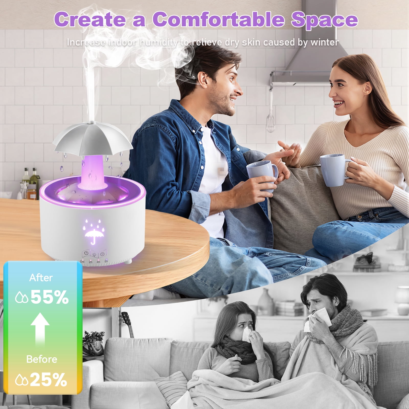 Humidifier for Bedroom, 7-Color Rotating Umbrella Diffuser with Rain Drop Effect, 300ML Small Humidifier Aroma Diffuser with Remote & Timer, Funny Rain Humidifier Gift for Kids Teen Women