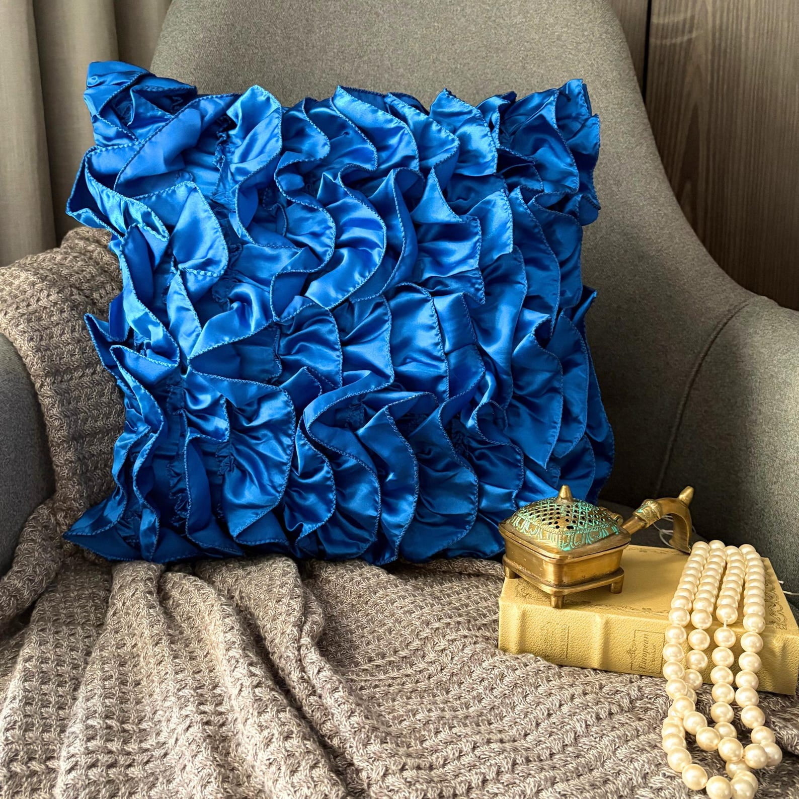 The HomeCentric Pillow Covers Blue Throw Pillows Cover Vintage Ruffles Shabby Chic Pillowcases Pack of 2 14x14 inch (35x35 cm) Pillow Covers Square Satin Pillows Covers Couch Solid-Vintage Blues
