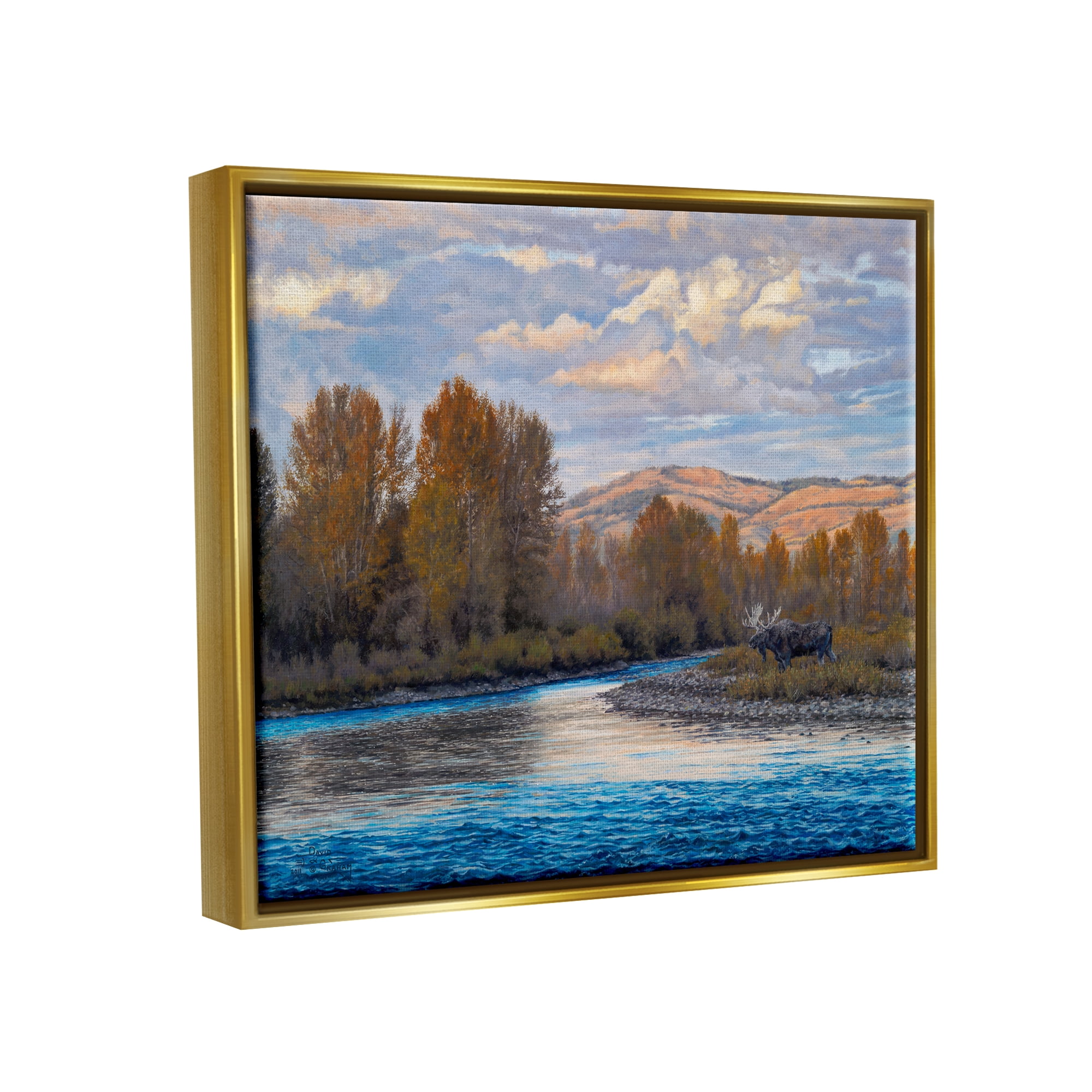 Stupell Industries Moose By Lake Mountain Landscape Coastal Painting Gold Floater Framed Art Print Wall Art