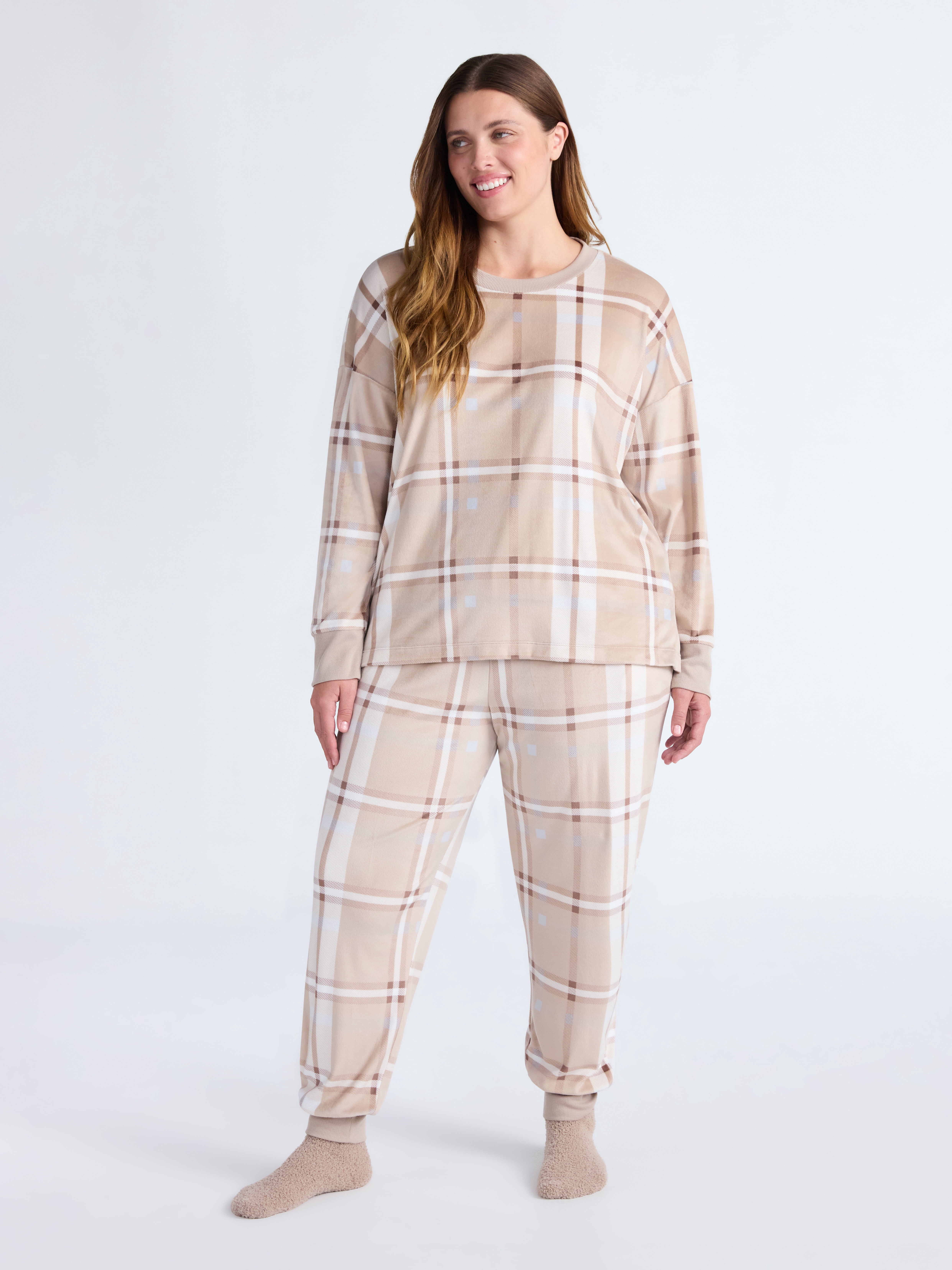 Joyspun Women’s Stretch Velour Long Sleeve Top, Pants, and Socks Pajama Set, 3-Piece, Sizes XS-4X