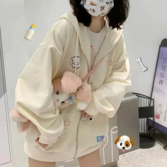 QWEEK Harajuku Kawaii Rose Chandail à Capuchon à Fermeture à Glissière Femme Style Japonais Mignon Dessin Animé Beige Veste à Capuche Oversize Coréenne Girly Chandails
