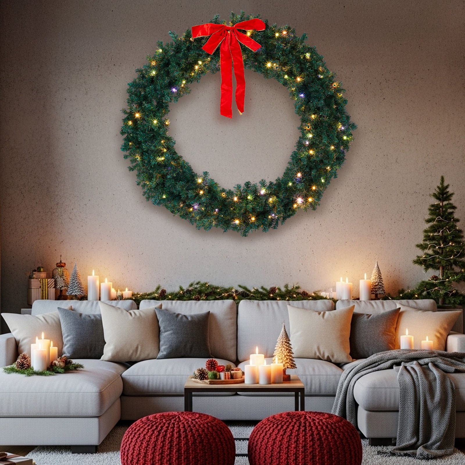 60in Pre-lit Christmas Wreath, Lighted Artificial Xmas Wreath with 220 Warm & Multi-color Lights and 600 PVC Tips, Remote Control Stepless Dimming, for Front Door Gate Wall Xmas Party Decorations